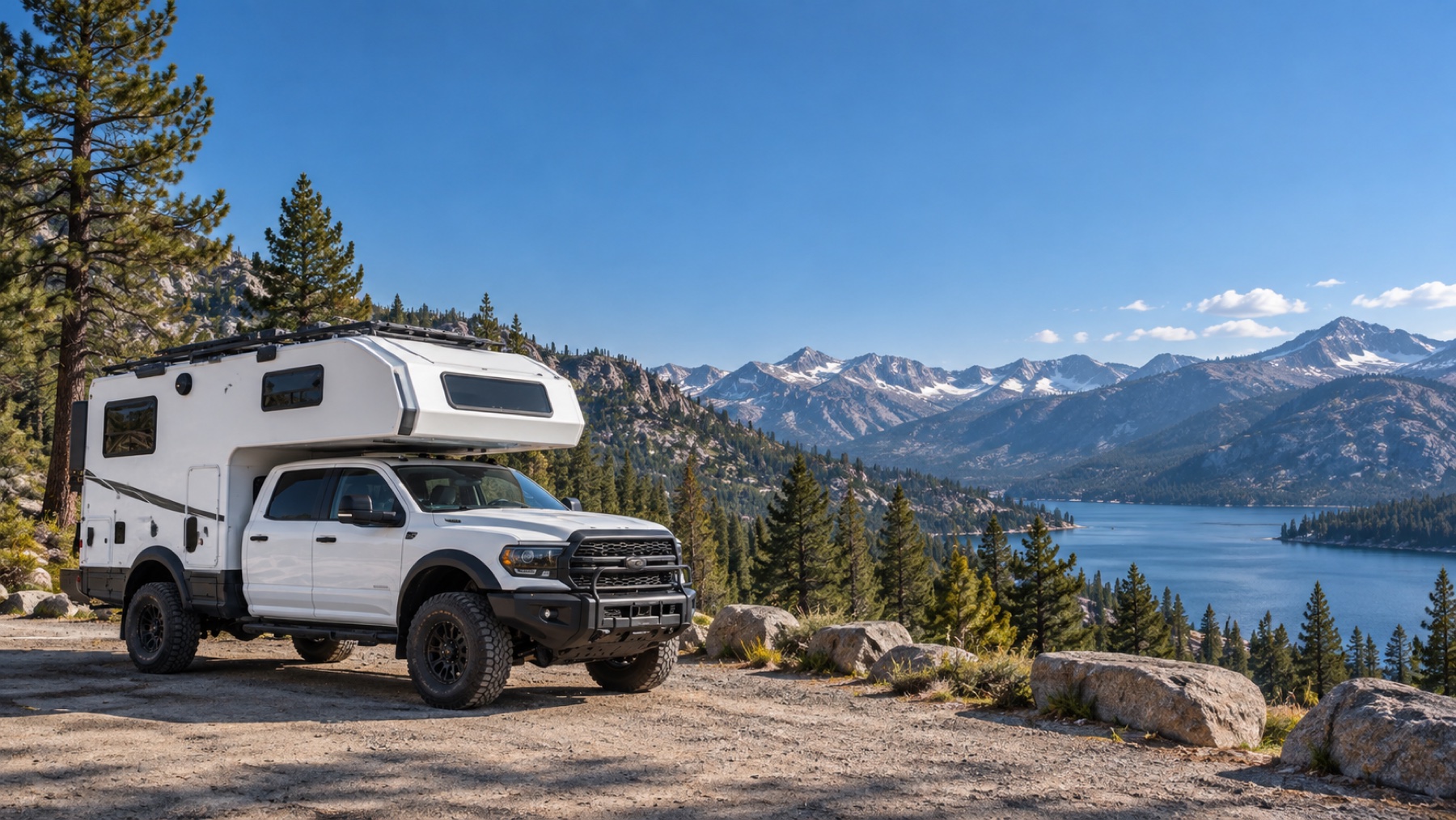 RV service truck with camper at a mountain overlook