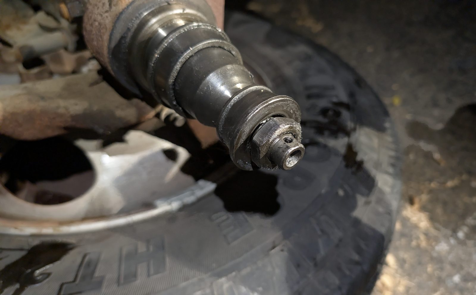 RV wheel bearing spindle close-up